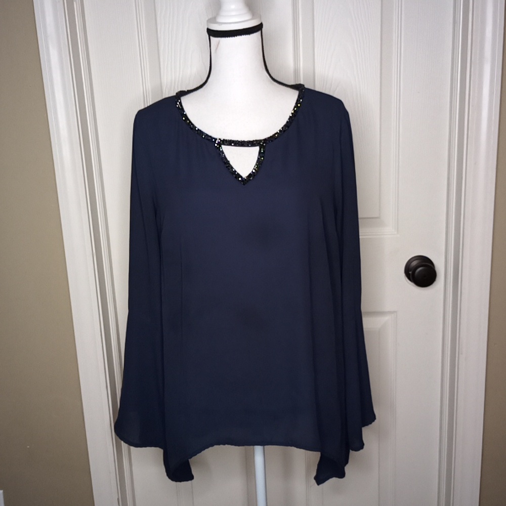 Juicy Couture Bling Collar V-Neck Keyhole Smoke Blue Top Blouse Sz. XL